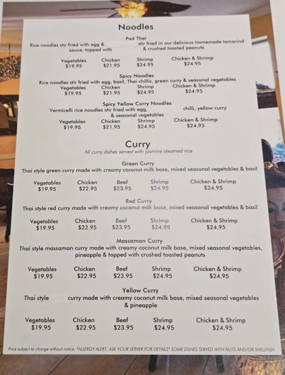 Menu, Bualai Taste of Thai