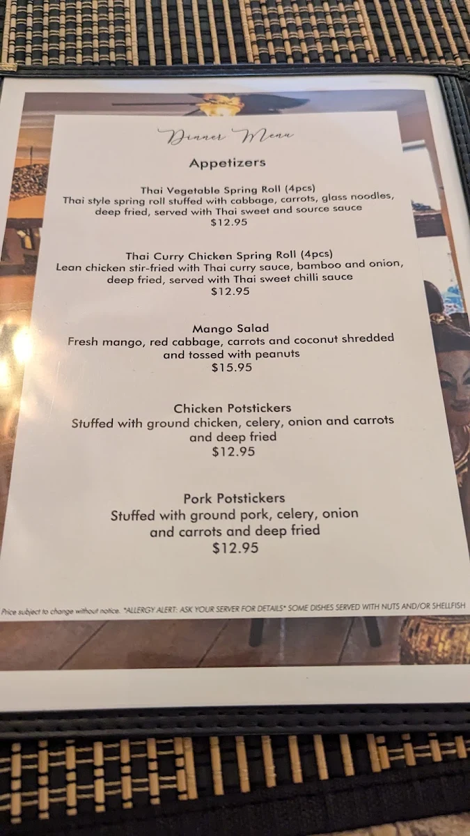 Menu, Bualai Taste of Thai