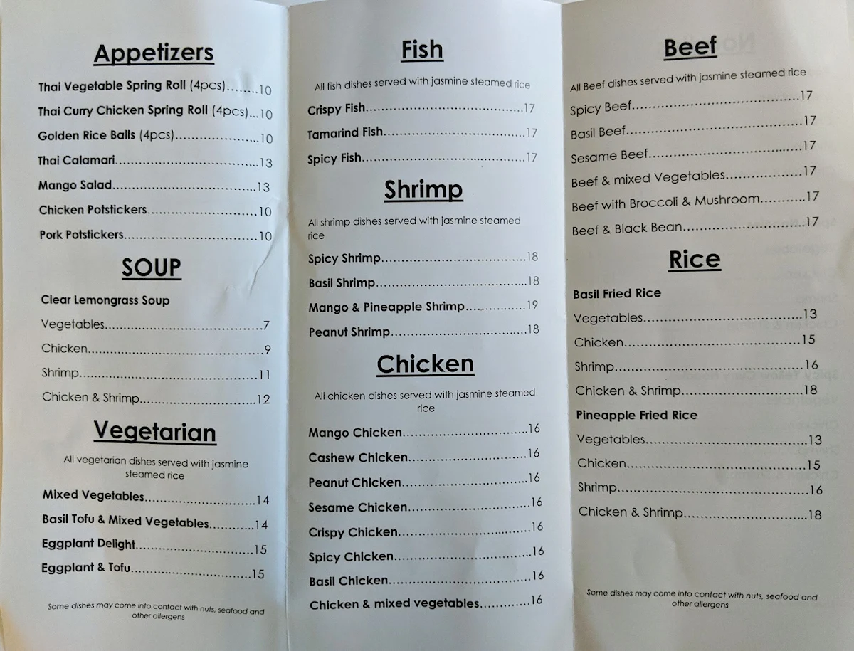 Menu, Bualai Taste of Thai