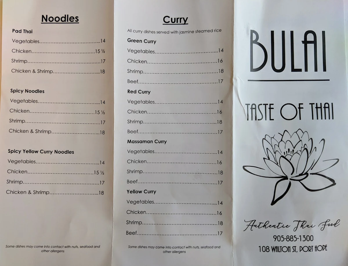 Menu, Bualai Taste of Thai