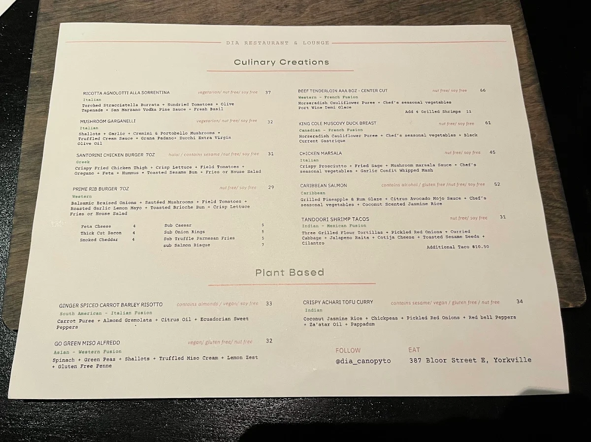 Menu, Día Restaurant and Lounge