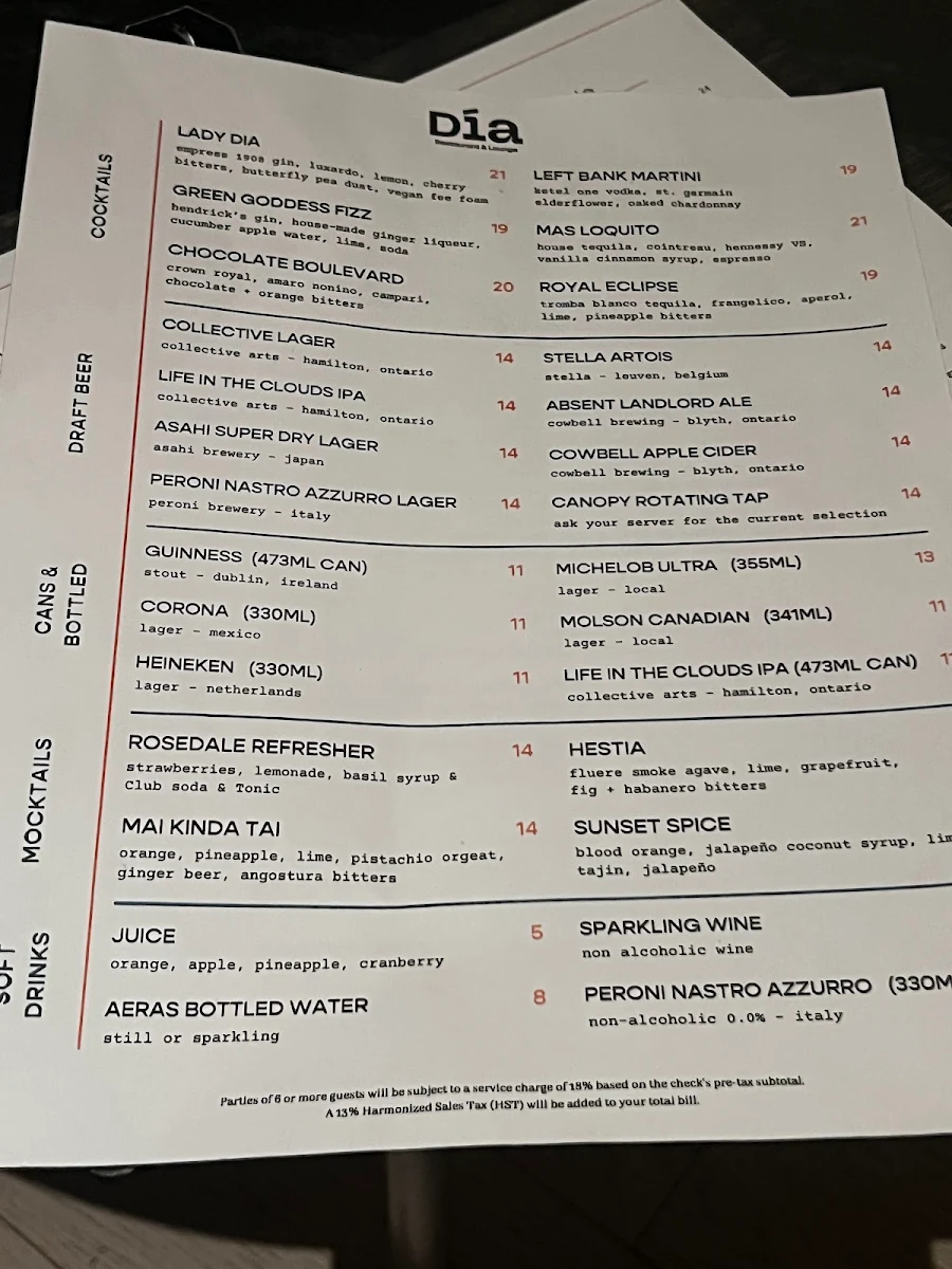 Menu, Día Restaurant and Lounge