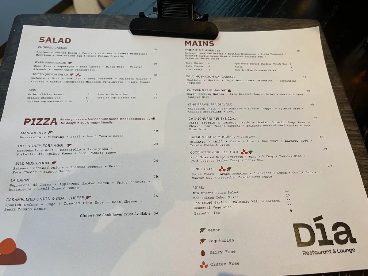 Menu, Día Restaurant and Lounge