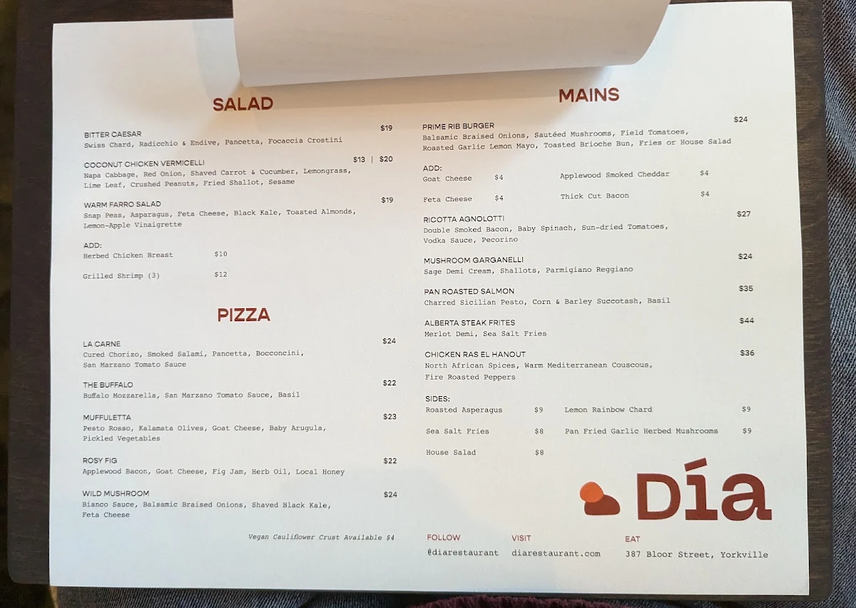 Menu, Día Restaurant and Lounge