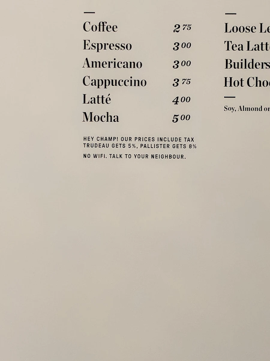 Menu, Parlour Coffee