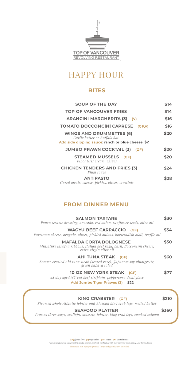 Menu, Top Of Vancouver Revolving Restaurant