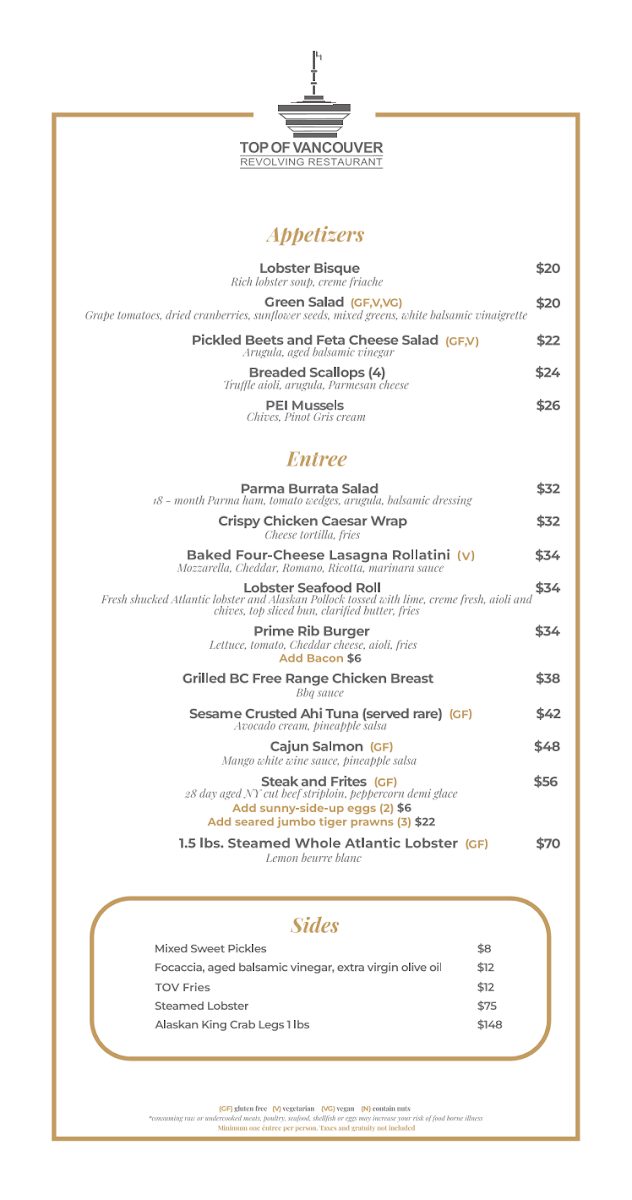 Menu, Top Of Vancouver Revolving Restaurant