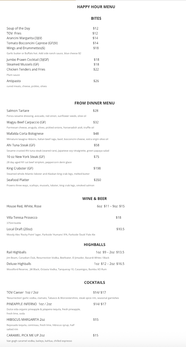 Menu, Top Of Vancouver Revolving Restaurant