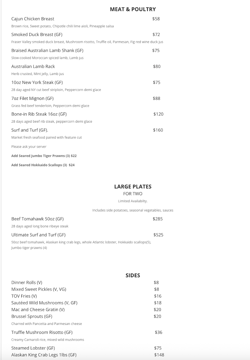 Menu, Top Of Vancouver Revolving Restaurant