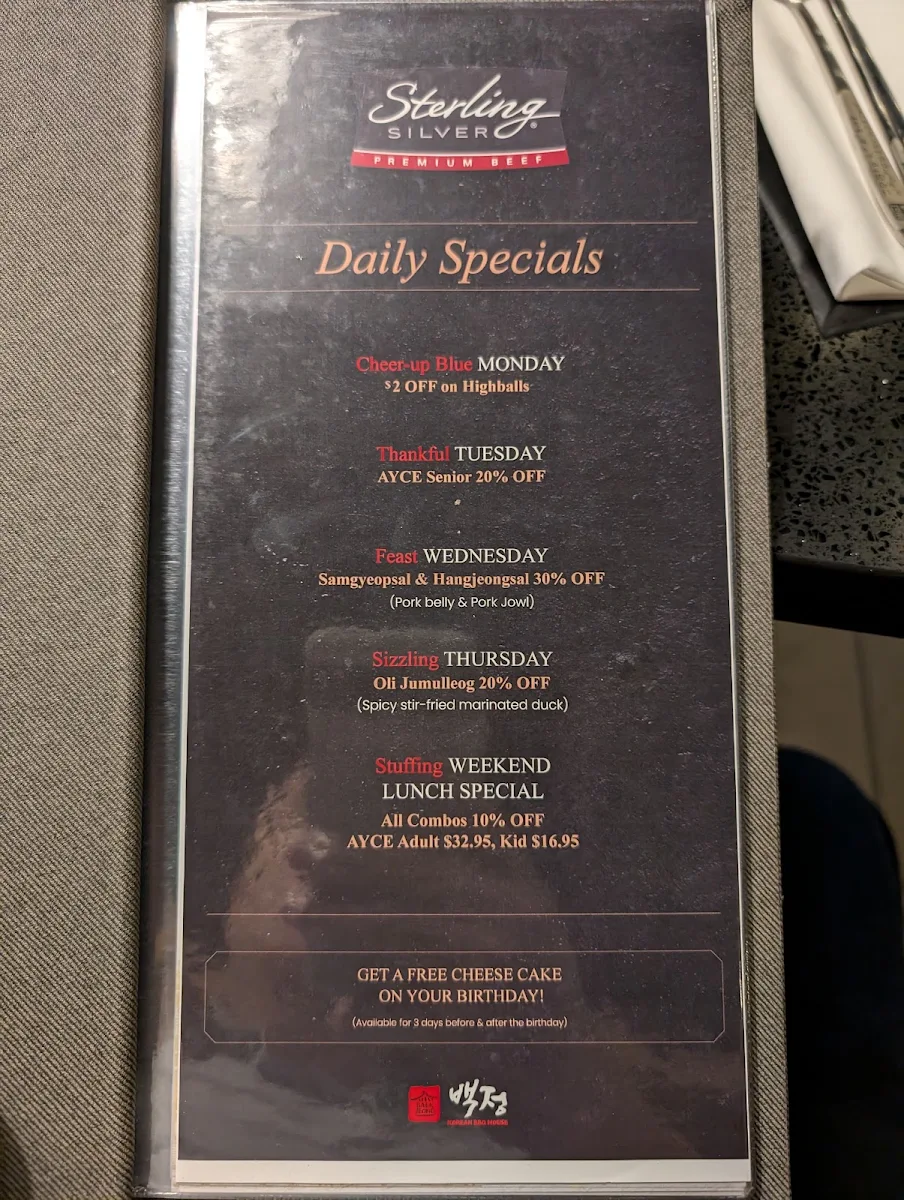 Menu, Baekjeong Korean BBQ House