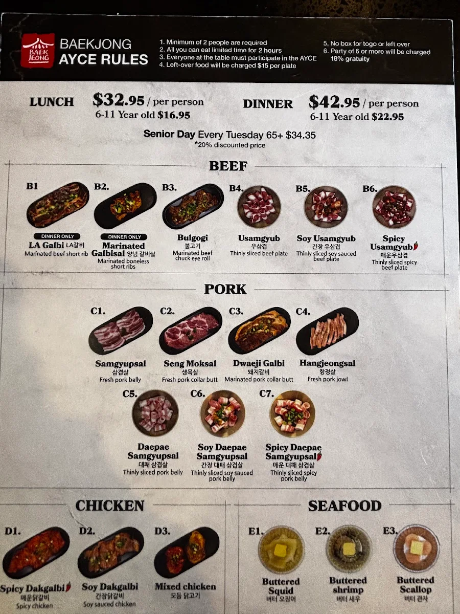 Menu, Baekjeong Korean BBQ House