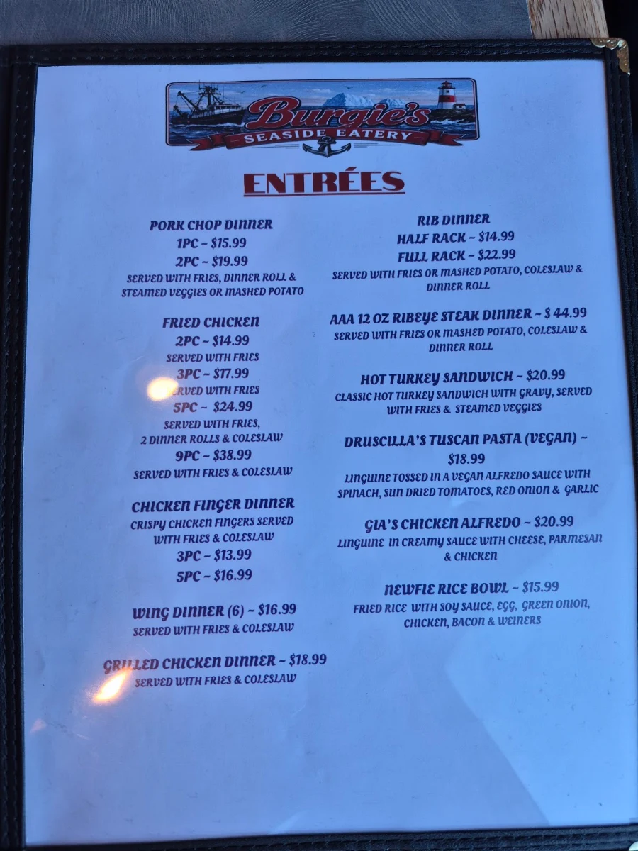 Menu, Burgie's Seaside Eatery