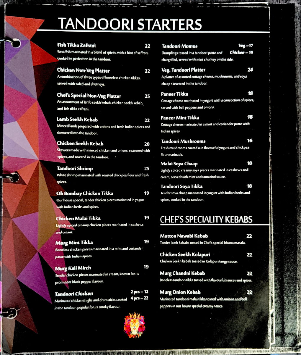 Menu, Oh Bombay London
