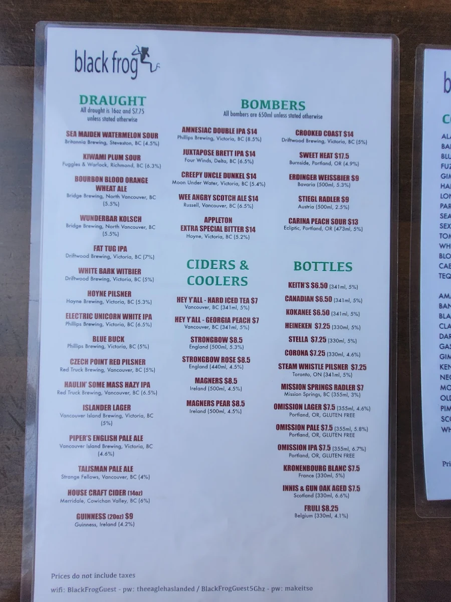 Menu, Black Frog Eatery