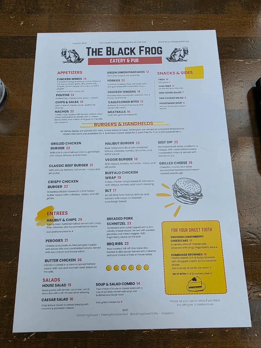 Menu, Black Frog Eatery