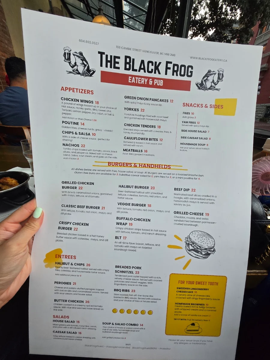Menu, Black Frog Eatery