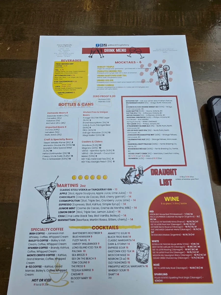 Menu, Black Frog Eatery