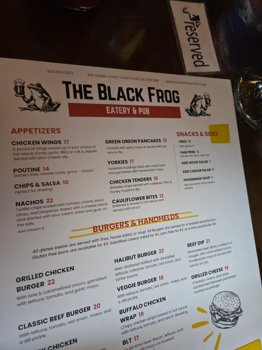 Menu, Black Frog Eatery
