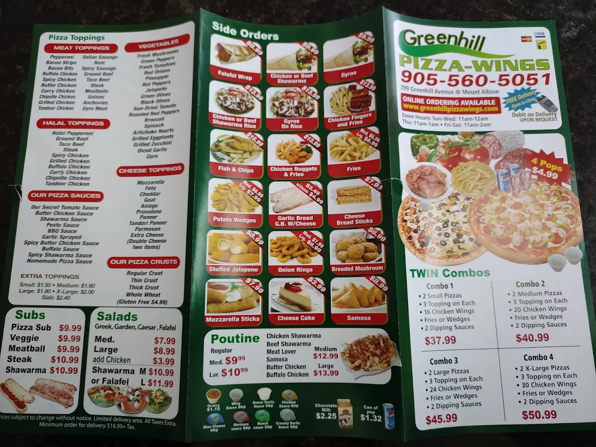 Menu, Greenhill Pizza and Wings