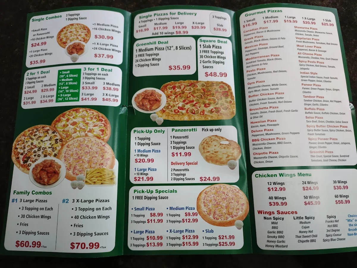 Menu, Greenhill Pizza and Wings