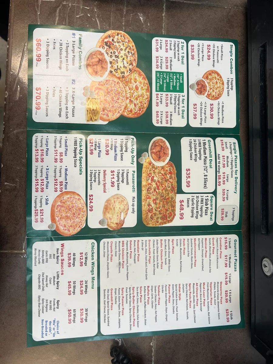 Menu, Greenhill Pizza and Wings