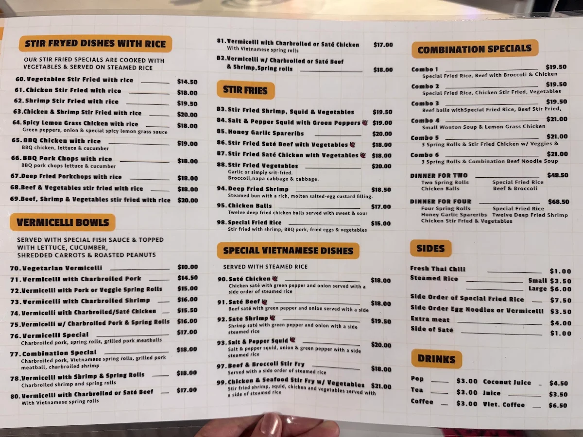 Menu, The Vietnamese Noodle House