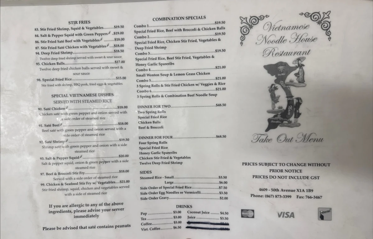 Menu, The Vietnamese Noodle House
