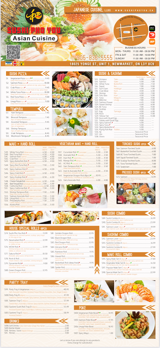 Menu, Sushi Pho You