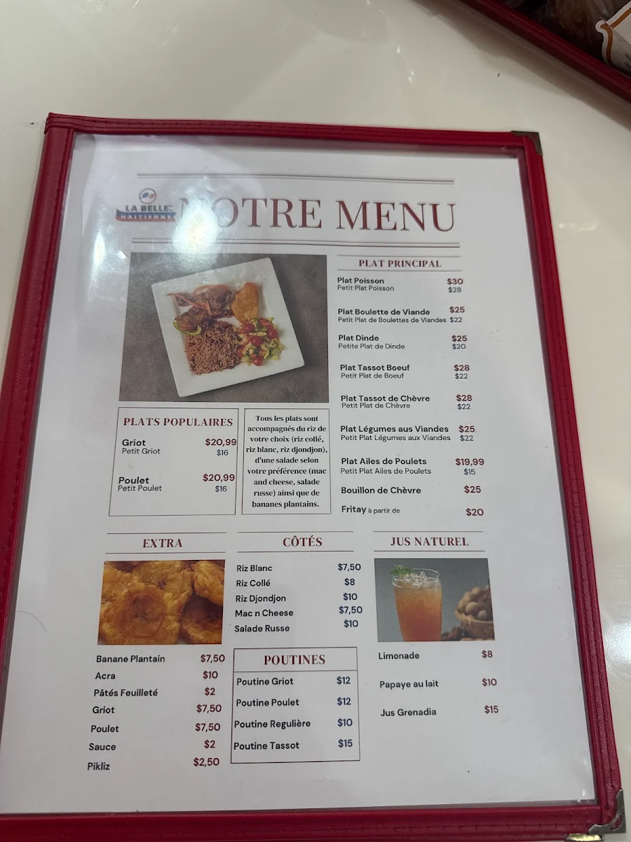 Menu, LA BELLE HAITIENNE INC.