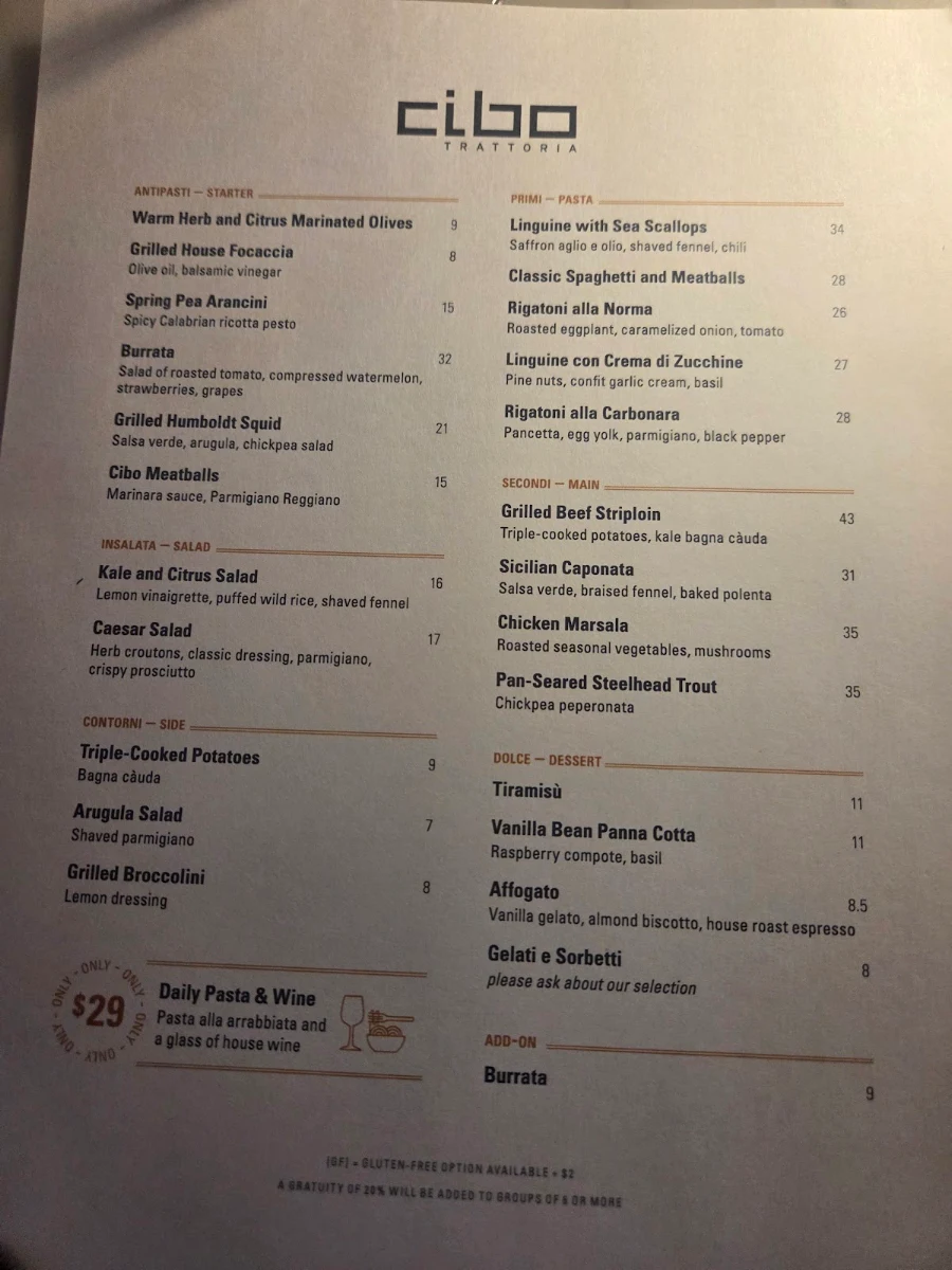 Menu, Cibo Trattoria