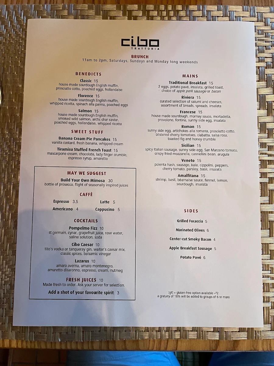 Menu, Cibo Trattoria