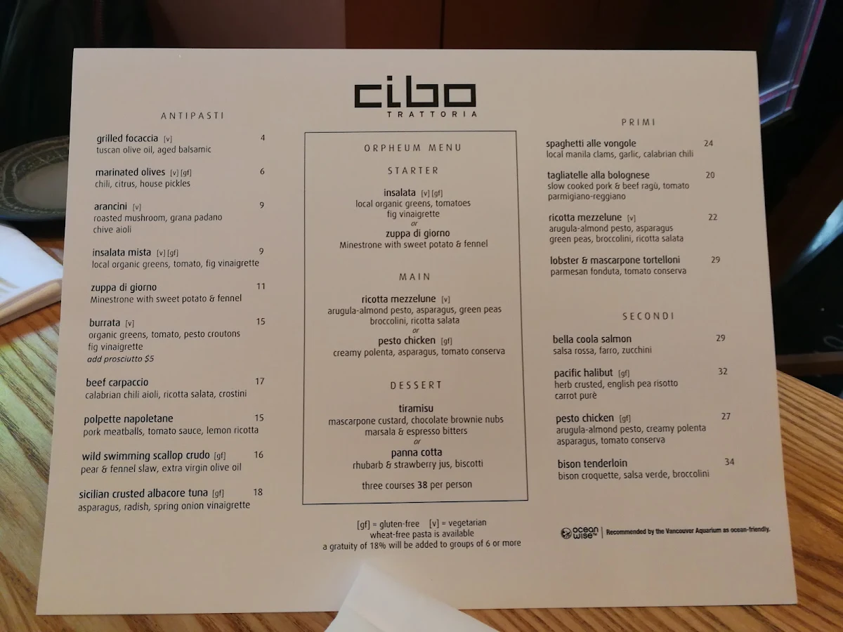 Menu, Cibo Trattoria