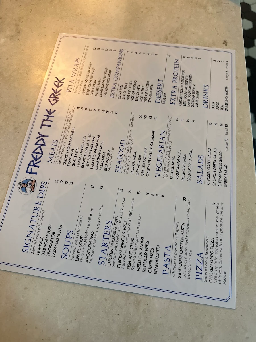 Menu, Freddy's Greek