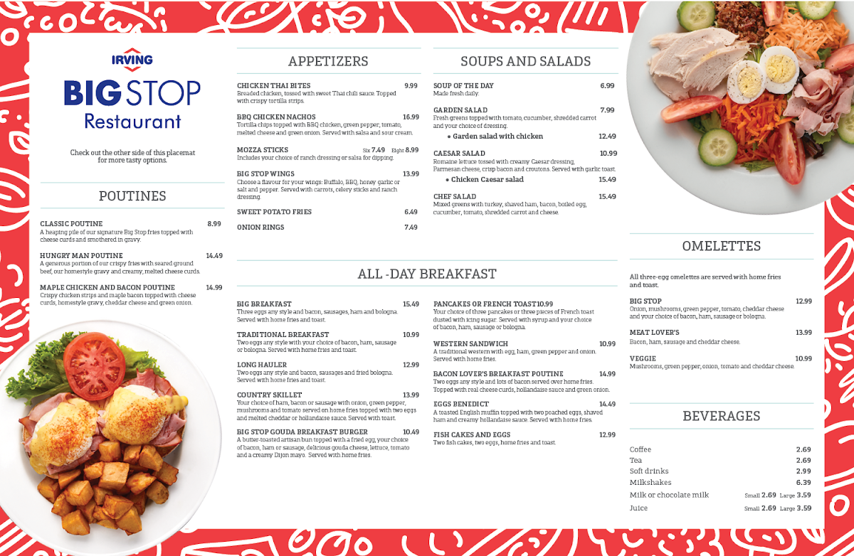 Menu, Mount Pearl Big Stop Restaurant