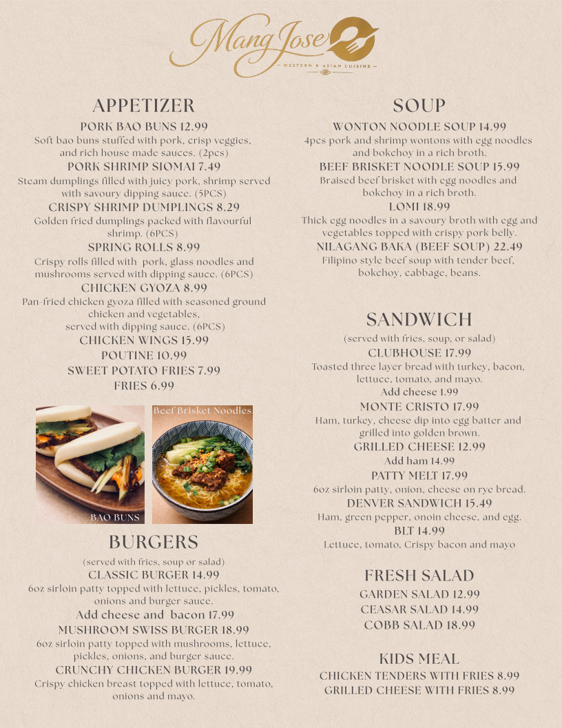 Menu, Mang Jose Restaurant