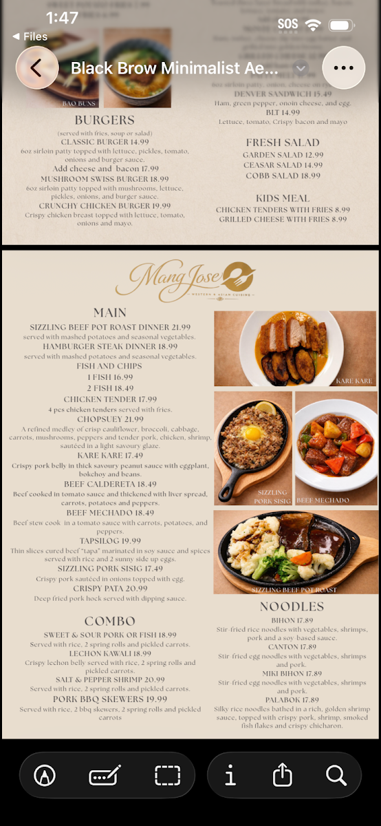 Menu, Mang Jose Restaurant