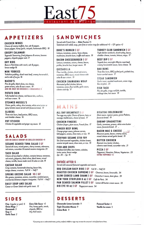 Menu, East 75 Restaurant and Lounge