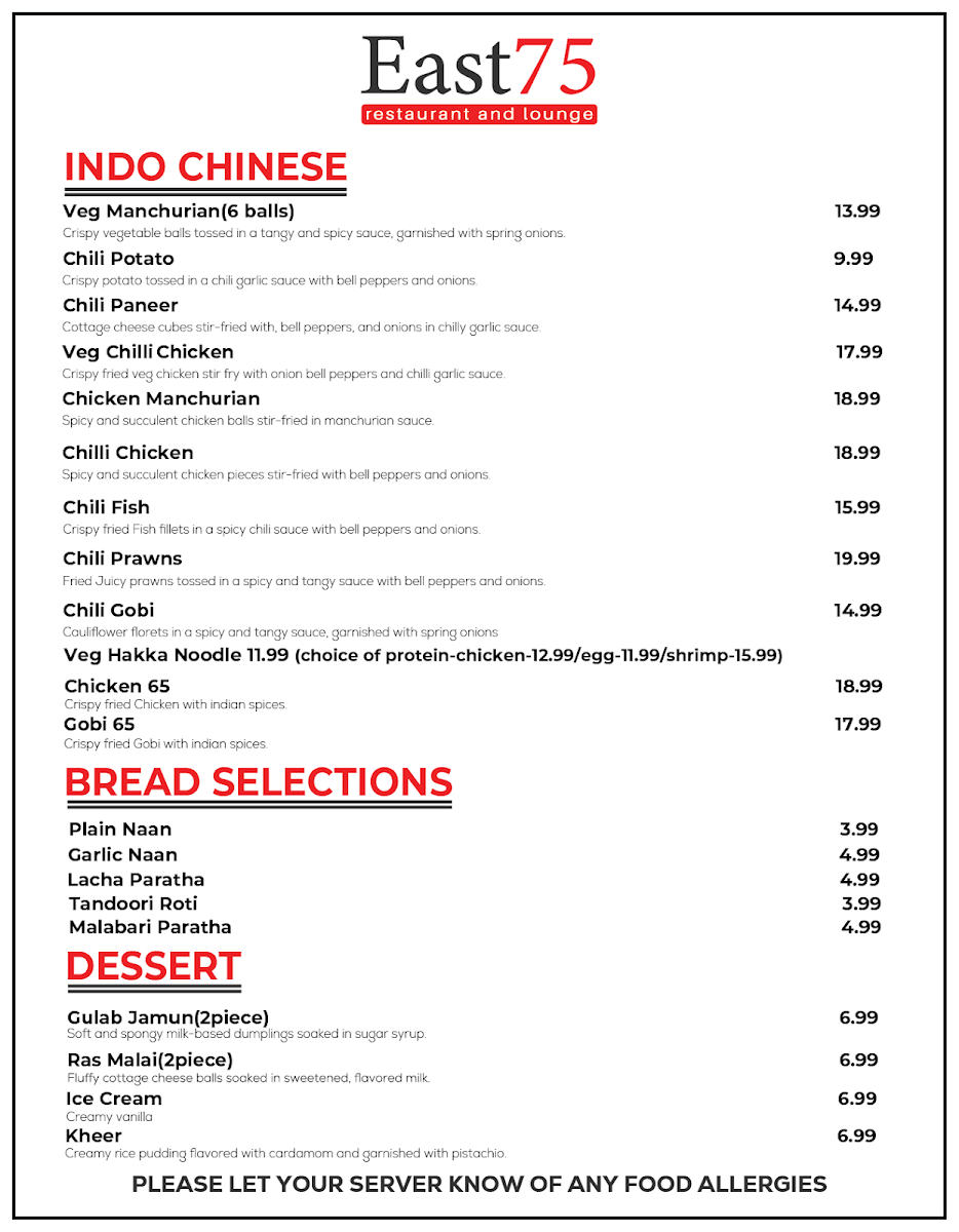 Menu, East 75 Restaurant and Lounge