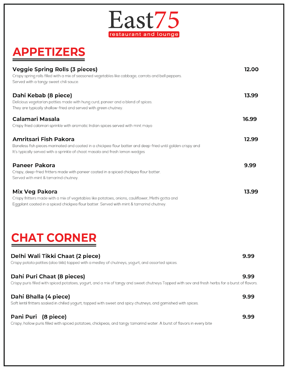 Menu, East 75 Restaurant and Lounge