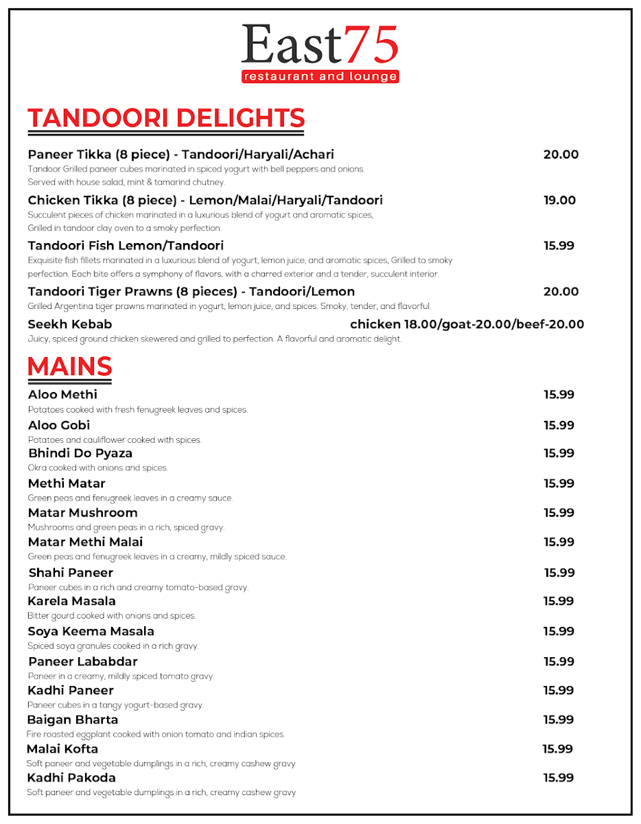 Menu, East 75 Restaurant and Lounge