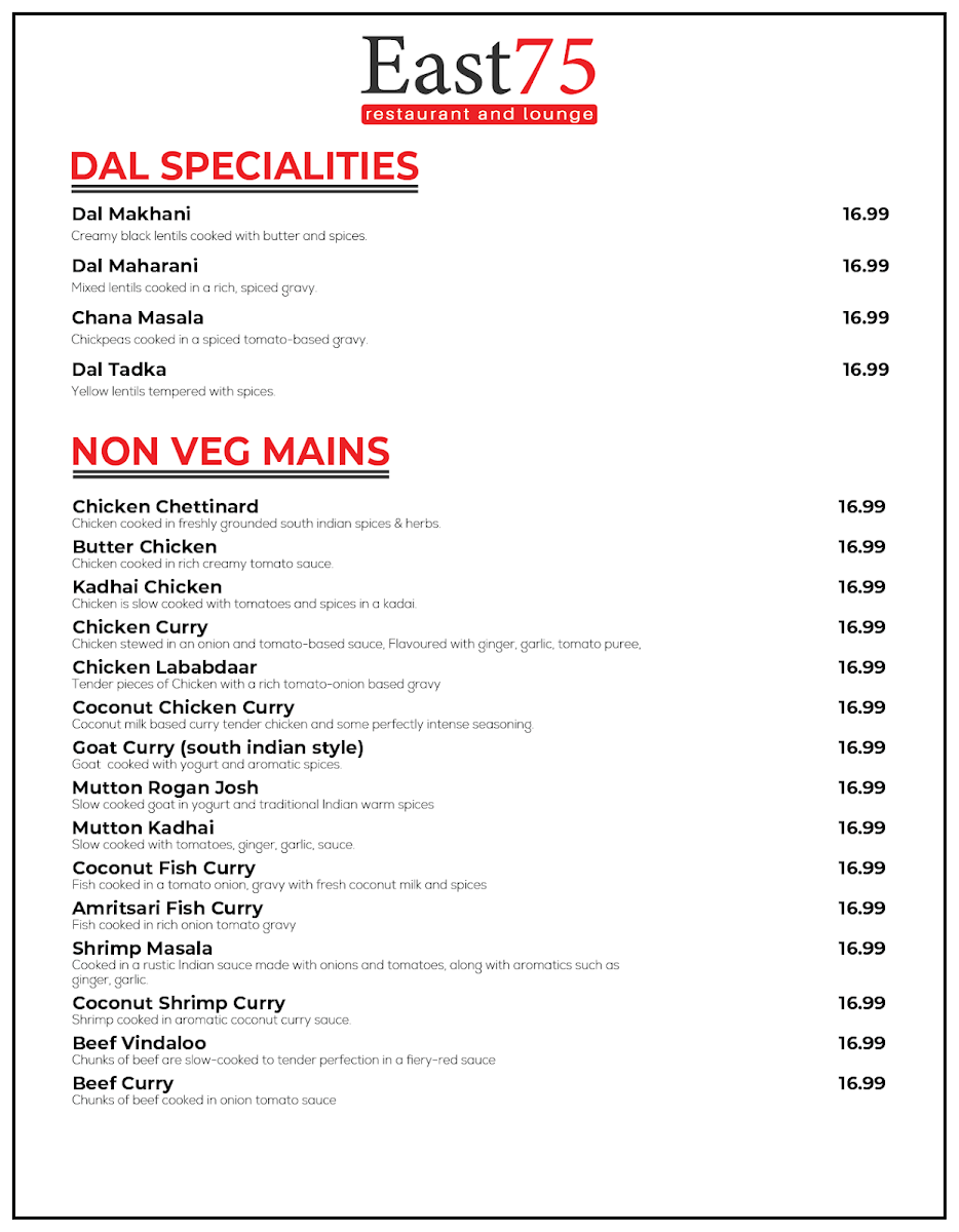 Menu, East 75 Restaurant and Lounge