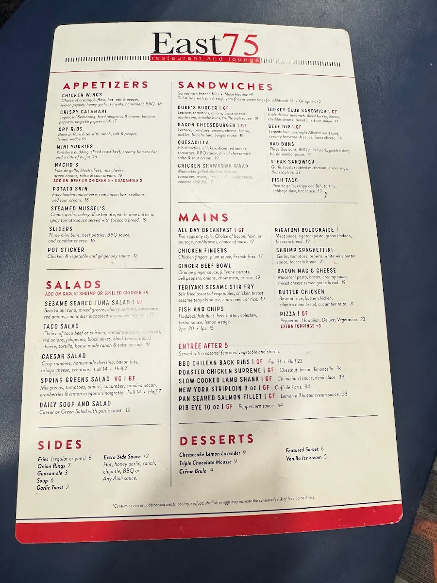 Menu, East 75 Restaurant and Lounge