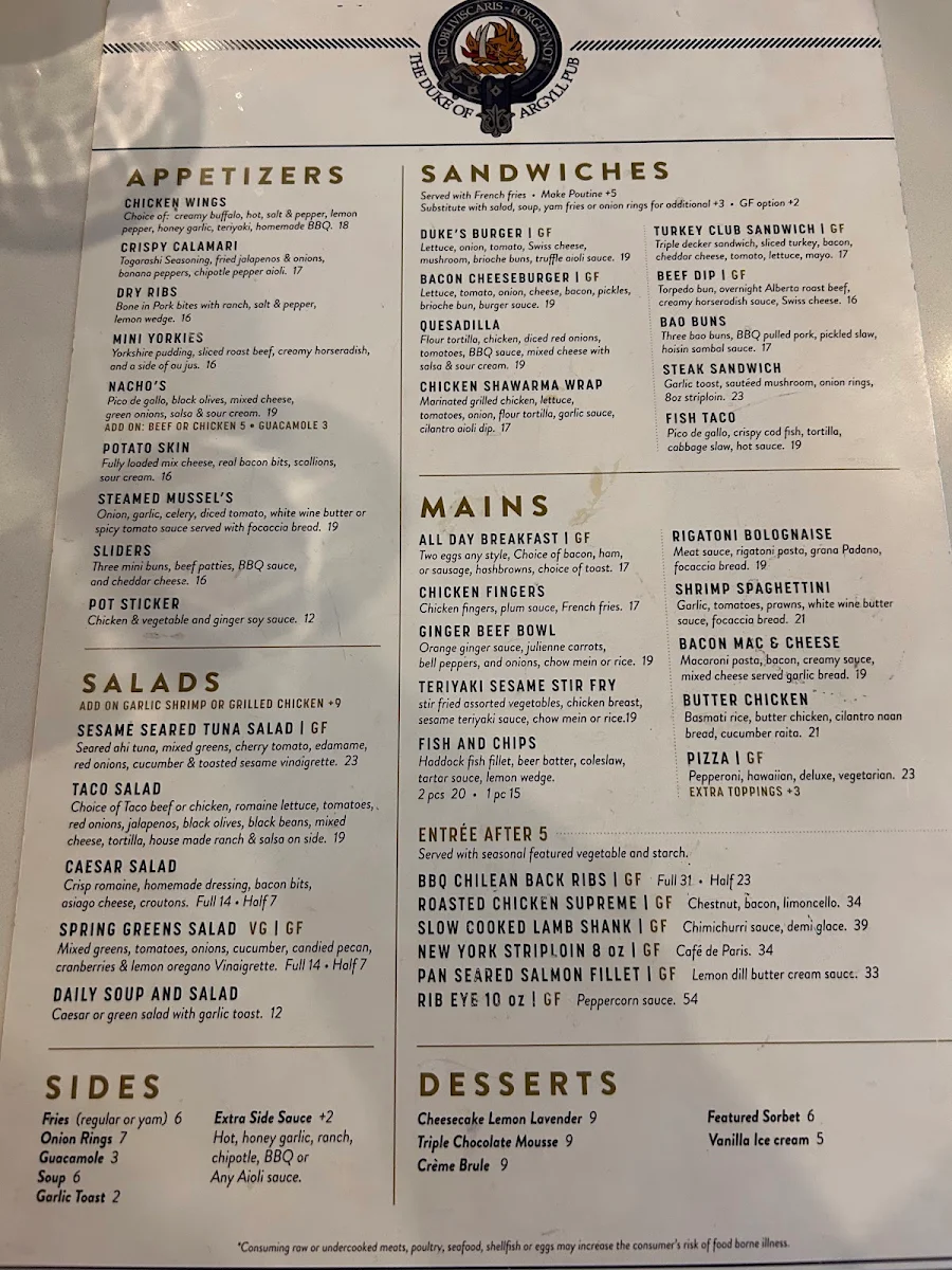 Menu, East 75 Restaurant and Lounge