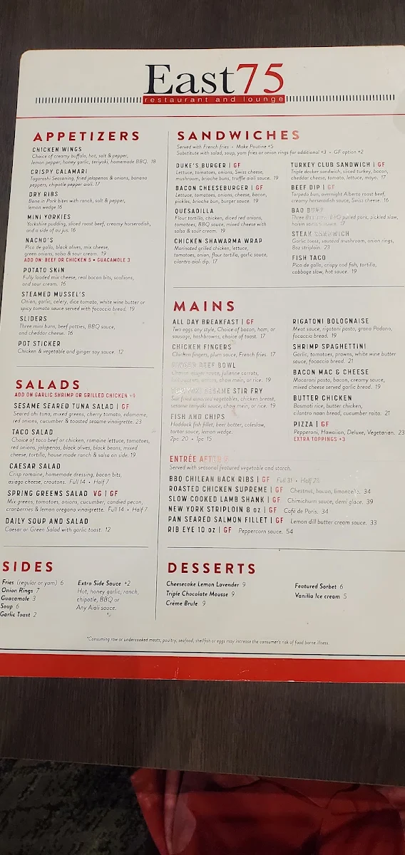 Menu, East 75 Restaurant and Lounge