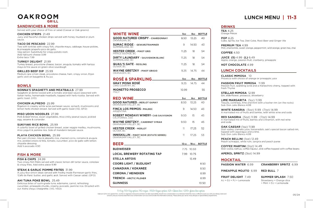 Menu, Oakroom Grill