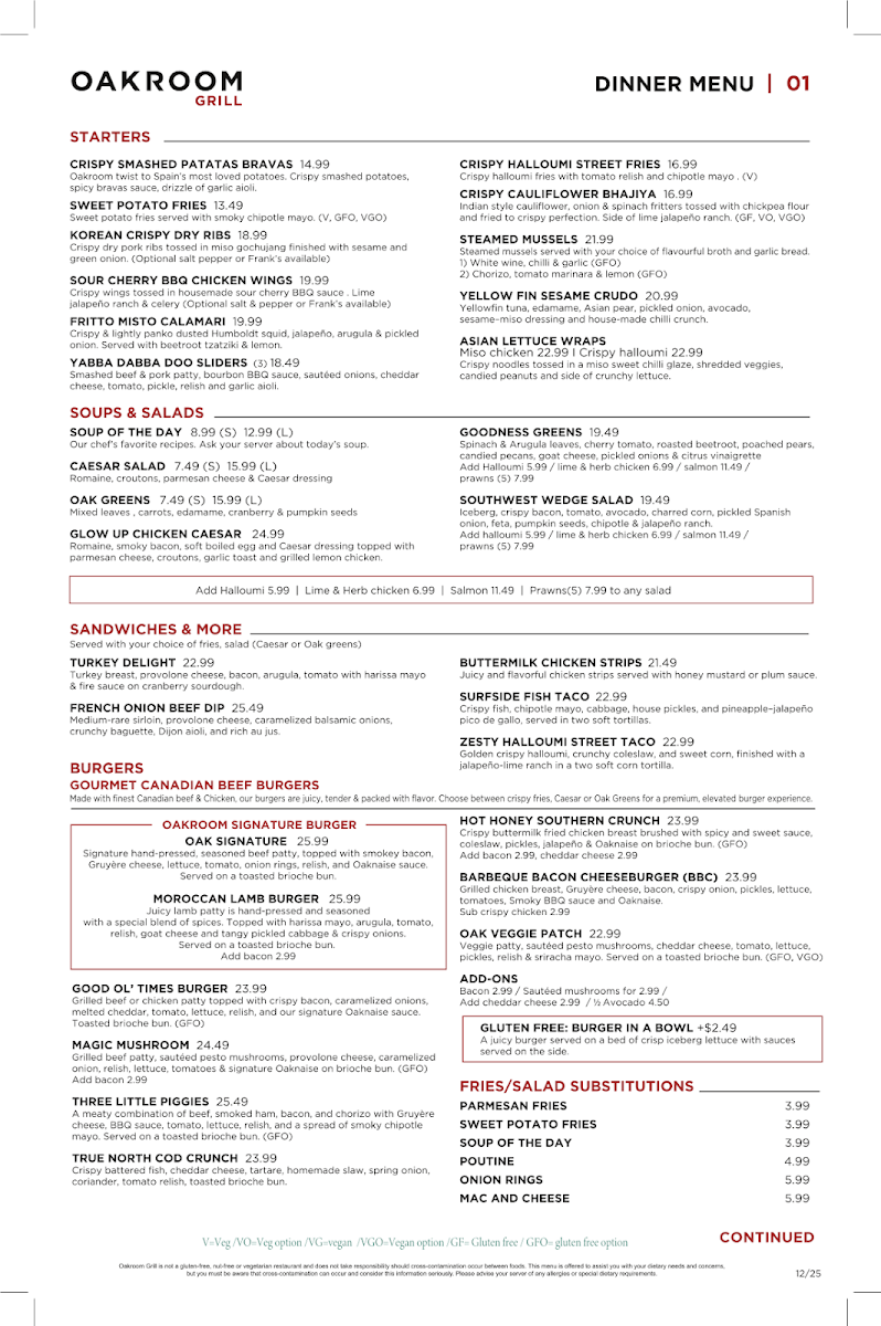 Menu, Oakroom Grill