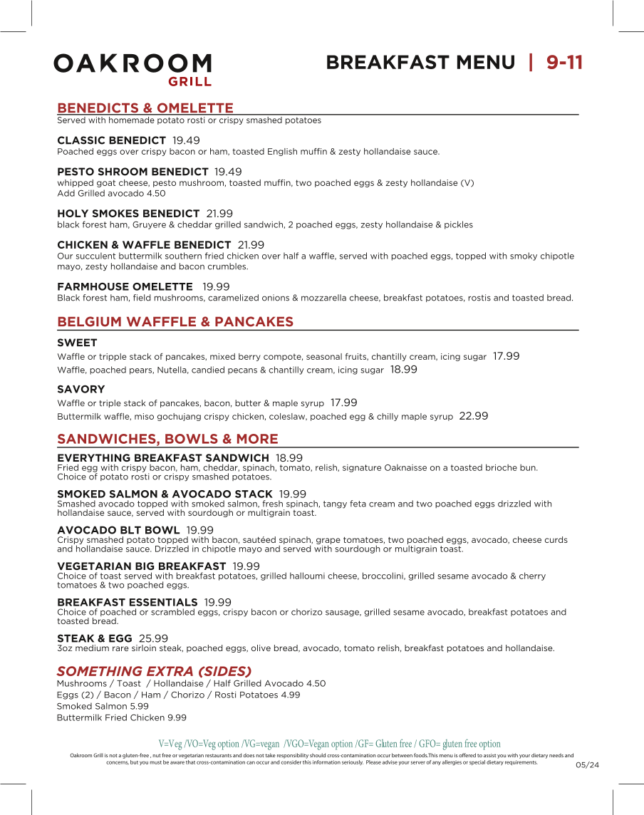 Menu, Oakroom Grill