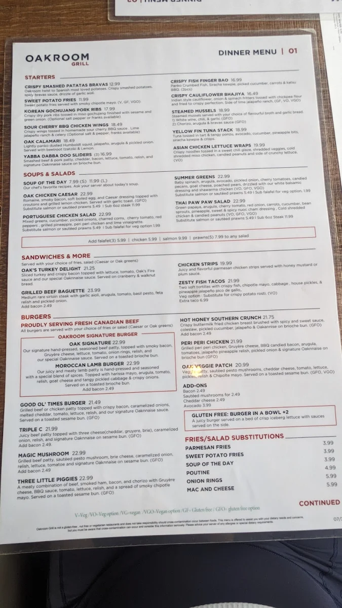 Menu, Oakroom Grill