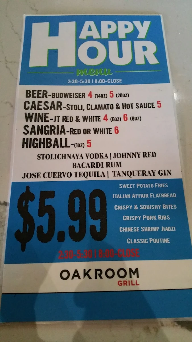 Menu, Oakroom Grill