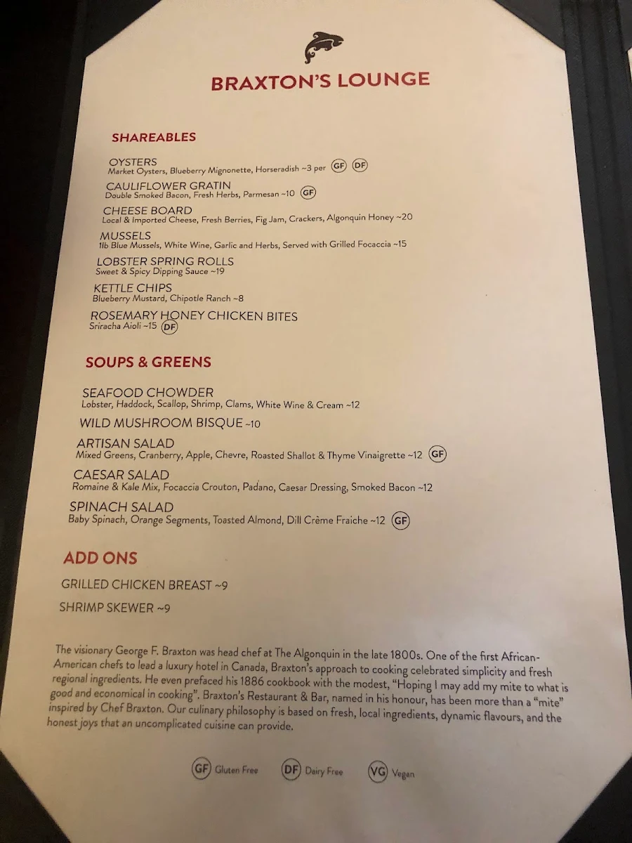 Menu, Braxton's